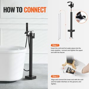 Rubinetto per vasca da bagno freestanding con doccia a pioggia, miscelatore a pavimento, rubinetto di riempimento vasca, rubinetteria con beccuccio girevole a 360 gradi e due modalità di getto d'acqua - Product Image 6