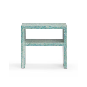 Table d'appoint en bois artisanal haut de gamme avec incrustation de briques de coquillages turquoise et étagère ouverte polyvalente, design de table de chevet Capiz - Product Image 2