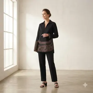 Women Black Embroidered <b>Tunic</b> <b>Top</b> <b>With</b> Full <b>Sleeve</b> Bohemian Style Geometric Pattern <b>Long</b> Set Regular Fit All Seasons Wear - Product Image 3