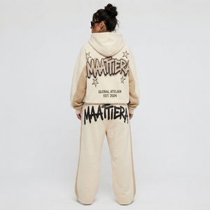 Custom <b>Women</b> Cream Oversized Hoodie and Wide Leg <b>Sweatpants</b> Two Piece Graphic Streetwear Tracksuit Set - Product Image 2