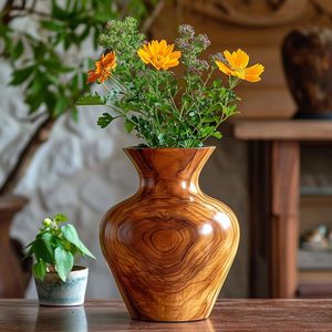 Jarrón de Flores de Madera de Diseño Moderno para Exhibición en Estantes del Hogar con Acabado de Textura Rica y Detalles Artísticos Hechos a Mano - Product Image 1