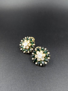 925 Sterling Silver Polki <b>Stud</b> Earrings Nano Green <b>Emerald</b> Flower Shape Indian Jewelry for Women - Product Image 3