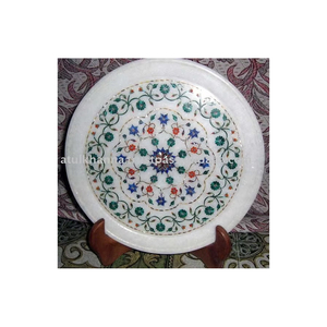 Assiette ronde en marbre blanc avec incrustation de motifs floraux, décoration d'intérieur, pierre durable faite à la main - Product Image 1