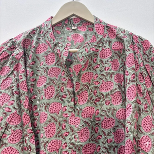 Robe Tunique Mini Formelle en Coton Écologique Imprimée à la Main Motif Floral, Col en V, Manches 3/4, Ourlet à Volants en Dentelle, Lavable Naturellement - Product Image 3