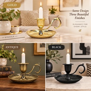 Gold Brass Chamberstick <b>Candle</b> Holder Handled Taper Stand Vintage Round Fluted <b>Dish</b> Base Candleholder Home Table Decor Party - Product Image 4