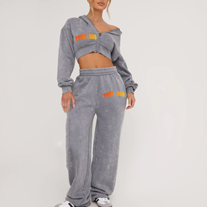 Custom Made Embroidered Lace Vintage Acid Washed Zip Crop Top Women's <b>Tracksuit</b> 100% Cotton Breathable Hip Hop Streetwear for - Product Image 2