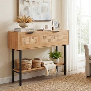 Natural Rattan Console Table with <b>Open</b> Shelf <b>Storage</b> Cabinets 40-Inch Sturdy Carbon Steel Frame for Entryway or Living Space - Product Image 4