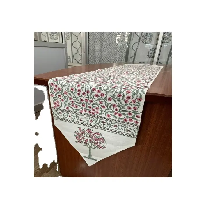 Camino de mesa con estampado de bloque de mano, lona de algodón indio Floral