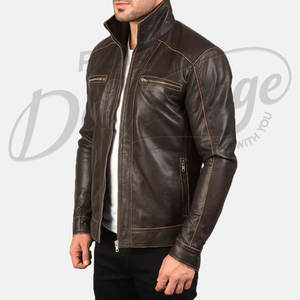 Chaqueta de Cuero Verde Esmeralda para Hombre, Corte Ajustado, Piel de Oveja Auténtica, Estilo Motero, Cuello Mao, para Otoño e Invierno - Product Image 5