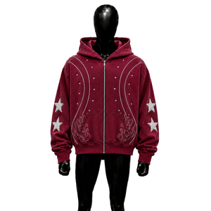 Sweat à capuche zippé oversize bordeaux de qualité supérieure, élégant et tendance, avec patch étoile, style streetwear de luxe, en molleton doux épais délavé rétro - Product Image 1