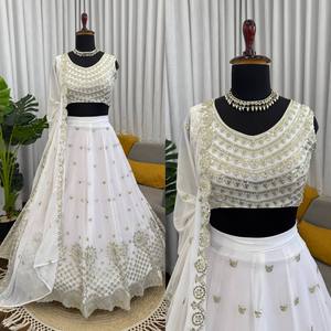 Conjunto de Lehenga con Lentejuelas Blancas Bordadas, Blusa de Tela de Red, Dupatta, Vestido de Novia Indio Pakistaní - Product Image 5