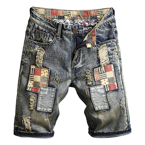 Mejores pantalones cortos de mezclilla desgastados para hombre, azules, con lavado ácido, hasta la rodilla, de corte ajustado, informales, para verano. - Product Image 1