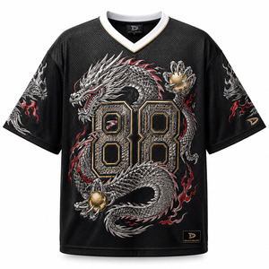 Maillot de sport personnalisé Dragon Emperor en maille pour homme, noir, style Y2K, avec impression métallique et broderie, coupe oversize, respirant, manches courtes - Product Image 2