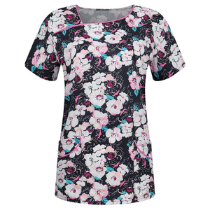 Custom Women’s Floral Print Medical Scrubs Top V-Neck Short Sleeve <b>Nurse</b> Uniform with Pockets Hospital Professional Workwear - Product Image 6