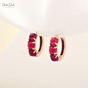 Boucles d'oreilles pendantes en rubis de Birmanie naturel de 4 mm, taille ronde, prêtes à être expédiées, en or rose massif 14 carats, style Huggie Hoops, vente en gros, bijoux de mariage - Product Image 5