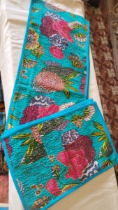 Floral Print Handmade Kantha Work Cotton Reversible Bohemian <b>Table</b> <b>Runner</b> with 6 Mats Set for Home & Hotel Use - Product Image 4