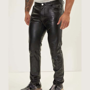 <b>Men's</b> Genuine Lambskin <b>Leather</b> <b>Pants</b> - Black Slim Fit Five-Pocket Trousers | OEM Wholesale <b>Men's</b> Genuine Lambskin <b>Leather</b> <b>Pants</b> - Product Image 1