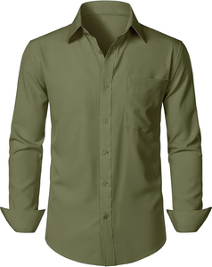 เสื้อเชิ้ตผู้ชายแขนยาวสีเขียวมะกอก กระดุมทรงแตร ผ้าป๊อปลินทอล์นด์ สีพื้น ป้องกันรอยยับ ทรงทางการ ปกคอเสื้อพับได้ - Product Image 1