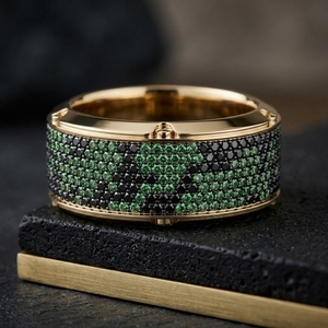 Rare Snake Skin Patten <b>Mens</b> Green & <b>Black</b> Diamond Two Tone Micro Pave setting Inlay Classic Screw Bezel Design Elements in Gold - Product Image 2