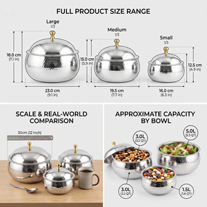 Hammered Design Metal <b>Serving</b> <b>Dish</b> <b>Set</b>. 3-Pieces Elegant Storage Bowls With Gold Knobs Polished Silver Finish For Home & Kitchen - Product Image 4
