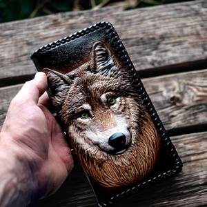 100% Genuine Leather Border Stitched Wolf Face Carved Long Bifold <b>Card</b> <b>Holder</b> <b>Wallet</b> With Multi <b>Card</b> Slots Button Closure <b>Holder</b> - Product Image 1