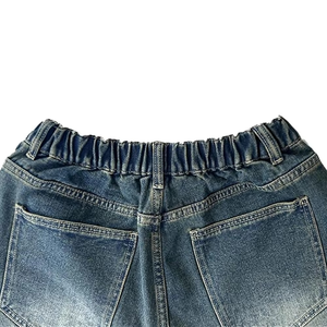 Men's Mid Waist Dark Blue Denim Bermuda Shorts Casual Washed Cotton Elastic Waist Style - Product Image 4