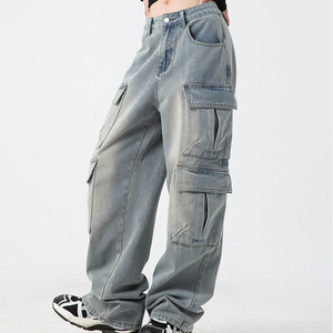 CLOVIX SPORTS - Jeans cargo pour femmes, denim épais, coupe ample, multi-poches, style streetwear, fabrication en usine - Product Image 1