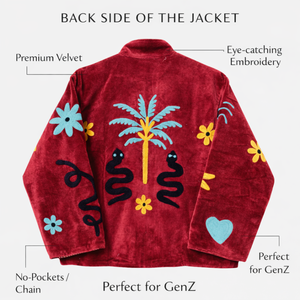 Veste bomber en velours rouge brodée à la main pour femmes, manches longues, col montant, manteau d'hiver avec poches - Product Image 2