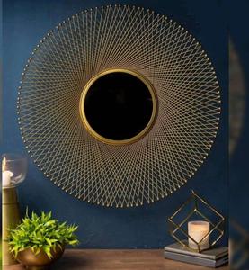Contemporary Round Brass Wall <b>Mirror</b> With Geometric Sunburst Design Handmade Decorative Accent For Living Room Bedroom - Product Image 1