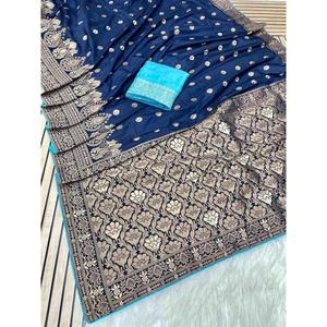 RICH LOOK VISCOSA DOLA SEDA TEJIDO TRABAJO SAREE CON BLUSA SIN COSTURA AZUL MARINO - Product Image 3