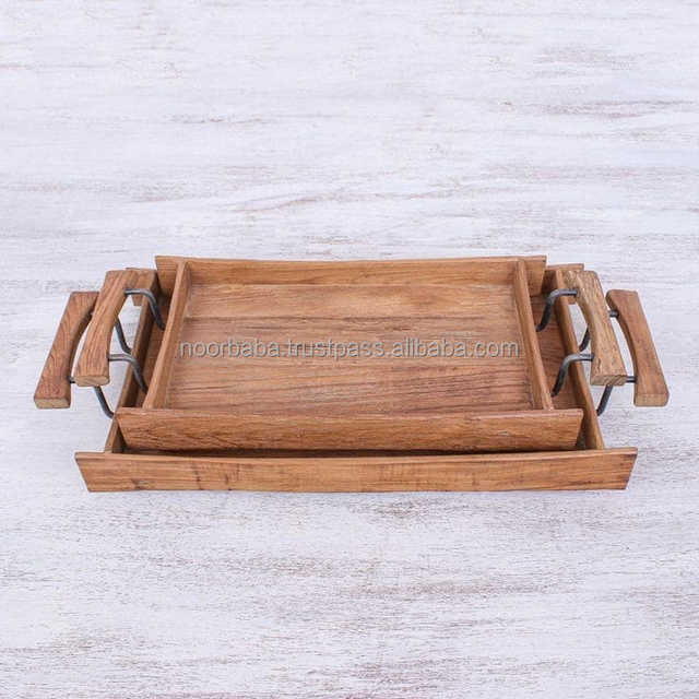 Modern Premium Quality Bamboo Serving Tray Set Polished Technique Waterproof Design Natural Crafts Wood Metal Handle for Coffee