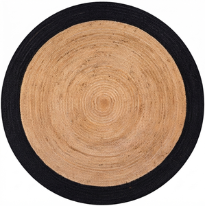Tapis rond en jute naturel fait main, bordure noire, tapis tissé tressé, style farmhouse bohème, salon, chambre à coucher - Product Image 2
