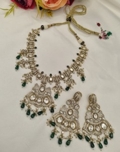Designer Antique Gold Plated Kundan <b>Necklace</b> Set Bead Drops <b>Statement</b> <b>Necklace</b> Set with Matching Drop Earrings For Wedding Party - Product Image 1