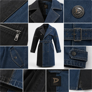 Abrigo de Mezclilla Azul Negro Lavado para Hombre y Mujer, Chaqueta Larga Convertible de Estilo Urbano, Gabardina de Mezclilla de Dos Tonos Unisex - Product Image 4
