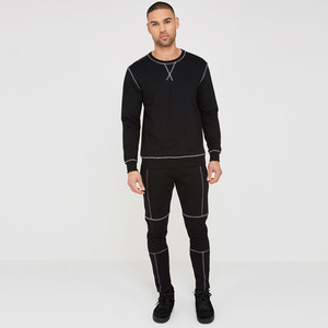 <b>Men</b> Knitted Crew Neck Pullover Solid Color Regular Fit Minimalist Style <b>Black</b> Long Sleeve 100% Cotton Breathable <b>Sweatshirt</b> - Product Image 4
