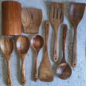 Juego de Utensilios de Madera Mortok de 9 Piezas, Tallados a Mano, Ecológicos, Aptos para Lavavajillas, Ligeros, Cucharas, Espátulas, Tenedores, Herramientas de Cocina - Product Image 6