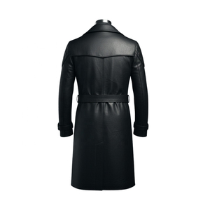 Manteau long en cuir véritable noir pour homme, col à revers, double boutonnage, avec ceinture, manches régulières - Product Image 2