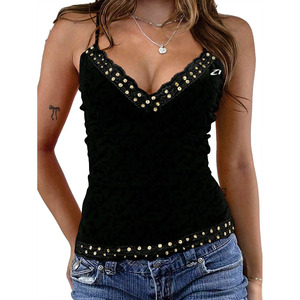 Custom Women Studded V Neck Camisole Stretch Slim Fit Tank <b>Top</b> OEM Private Label Sleeveless Fashion <b>Top</b> Wholesale Women's Shirts - Product Image 4