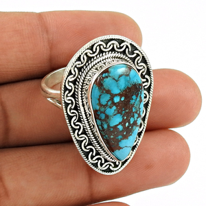 Forme de larme Bezeled Turquoise Gemstone 925 Sterling Silver Vintage Royal Design Bague Faite À La Main Pour Cadeau Fine Bijoux En Gros - Product Image 3