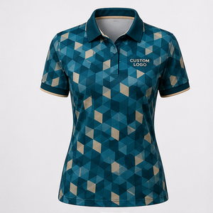 Polo de Manga Corta con Logotipo Personalizado para Mujer, Color Azul Verde Azulado, Diseño Geométrico de Cubos, Secado Rápido, Sublimación, Ropa Deportiva de Golf - Product Image 1