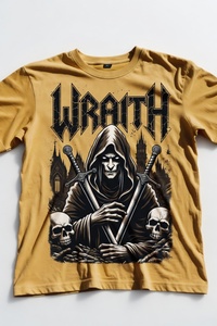 Camiseta Gráfica Personalizada al por Mayor para Hombre, Diseño Wraith, Amarillo Mostaza, Manga Corta, Cuello Redondo, Estilo Fantasía, Arte Oscuro, Guerrero con Capucha, Calavera y Espada - Product Image 2