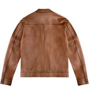 Mens Tan Brown Genuine Leather Streetwear Jacket Band Collar <b>Zip</b> Front Slimfit Minimalist Premium Casual Custom Winter Outerwear - Product Image 2