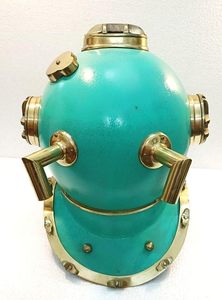 Casco de Buceo Réplica Antiguo de Latón, Modelo US Navy Mark V, Acabado Azul, Estilo Náutico Boston Divers, Embalaje Creativo para Buceo en Aguas Profundas - Product Image 4