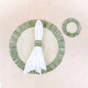 Elegante Juego de Manteles Individuales de Paja Tejidos a Mano con Borde Verde Salvia, Decoración de Mesa para Fiestas Tropicales en la Playa, Ideal para Regalo - Product Image 3