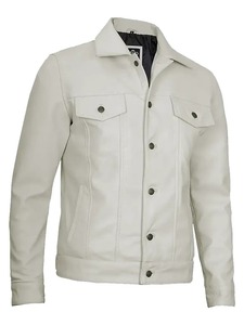 <b>Mens</b> Four Pockets <b>White</b> Leather Trucker <b>Jacket</b> - Product Image 3