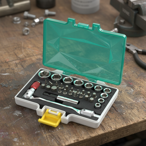 Juego de 32 piezas de llaves de vaso y puntas de 1/4 de pulgada con mango de doble cabezal flexible. Hecho en Taiwán. - Product Image 1