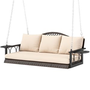 Dondolo a 3 posti in vimini per patio e giardino, con portabicchieri, cuscini e catene - Marrone - Product Image 1