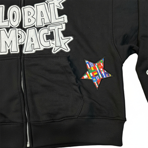 Global Impact Hooded Zipper Sweatshirt Men Oversized Streetwear Black <b>Star</b> Patchwork <b>Design</b> Autumn Style - Product Image 5