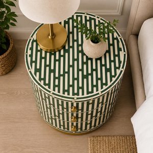Modern Round Resin Inlay Wardrobe Green White Stripe Pattern Three Drawer Gold Base Living Room Home Hotel Furniture - Product Image 4