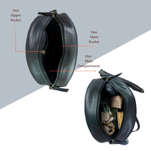 Bolso bandolera redondo de cuero genuino negro para mujer – Bolso de hombro circular ligero con cierre de cremallera - Product Image 3